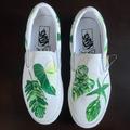 Vans Shoes | Custom Painted Canvas Plant Slip On Vans - Size 8.5 | Color: Green/White | Size: 8.5