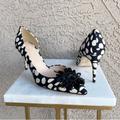 J. Crew Shoes | J. Crew Rare Black & Cream Spotted D’orsay Pumps Raffia Floral Pointed Toe Heels | Color: Black/Cream | Size: 8