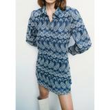 Zara Dresses | Hpzara | Blue/White Boho Embroidered Paisley Eyelet Shirt Dress (Size S) | Color: Blue/White | Size: S