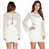 Free People Dresses | Free People Romantic White Dress | Sheer Sleeves Cutout Floral Lace Bodycon Xs | Color: White | Size: Xs