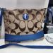 Coach Bags | Coach Khaki Signature Monogram Shoulder Bag With Royal Blue Leather Handles. Euc | Color: Blue/Tan | Size: 13” X 10”