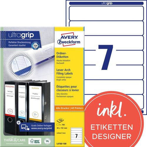AVERY Zweckform Ultragrip Rückenschilder L4760-100 Haftend DIN A4 Weiß 38 x 192 mm 100 Blatt à 7 Etiketten Image