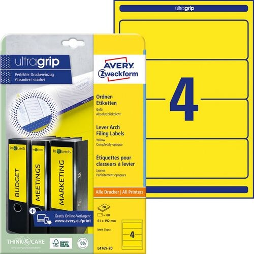 AVERY Zweckform UltraGrip Ordneretiketten L4769-20 DIN A4 6,1 x 19,2 cm Gelb 20 Blatt à 4 Etiketten Image