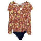 Free People Tops | Free People Say It To Me Red Sienna Floral Printed Bodysuit Size M | Color: Orange/Yellow | Size: M