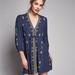 Free People Dresses | Free People Star Gazer Embroidered Boho Peasant Tunic Dress Size Xs | Color: Blue/Yellow | Size: Xs