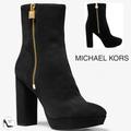 Michael Kors Shoes | Michael Kors Frenchie Black Suede Stiletto Block Heel Platform Logo Ankle Bootie | Color: Black/Gold | Size: 9.5