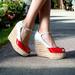 Gucci Shoes | Gucci White, Red Patent Leather Cork Mary Jane Wedge Cork Sandals, Size 38.5 | Color: Red/White | Size: 38.5eu