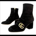 Gucci Shoes | Gucci Marmont Fringe Double G Black Suede Gg Logo Ankle Booties Size Eu 34.5 | Color: Black | Size: 34.5eu