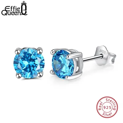 Effie Königin Nette 925 Sterling Silber Stud Ohrringe mit Blau CZ Weibliche Zubehör für Frau Feine