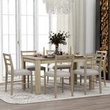 7-Piece Extendable Wood Dining Set, Extendable Table with 12" Leaf and 2 Small Drawers, 6 Dining Chairs with Padded Seat