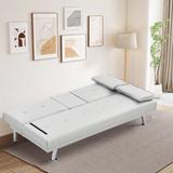 Double Folding Sofa Bed PU Leather Recliner Sofa for Office Velcro Fixed Square Arms Sleeper Loveseat with Coffee Table, White