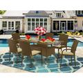 HomeStock Beachy Beauty 7Pc Outdoor-Furniture Brown Wicker Dining Set Includes A Patio Table And 6 Balcony Backyard Armchair With Linen Fabric Cushion