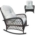 HBBOOMLIFE Outdoor Wicker Rocking Chair Rattan Patio Rocker Chair with Cushion Garden Rattan Sofa All-Weather Patio Rocker Chairs Weight Capacity 330lbs - Brown with White Cushion