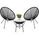 xrboomlife 3-Piece Outdoor Acapulco All-Weather Patio Conversation Bistro Set w/Plastic Rope Glass Top Table and 2 Chairs - Black