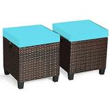 xrboomlife 2 Pieces Wicker Outdoor Ottomans for Patio All Weather Rattan Patio Ottoman Set with Waterproof & Removable Soft Cushions Outdoor Foot for Porch Garden Poolside