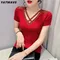 High Quality Summer Women's T-Shirt Clothes Sexy Cross Hollow Out V-Neck Short Sleeved Tops Brand