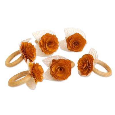 Sunset Roses,'6 Wood and Natural Fiber Tropicana Floral Napkin Rings'