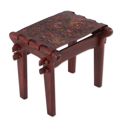 Tornillo wood and leather stool, 'Andean Paradise'