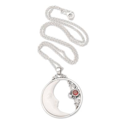 Knighted Moon,'Garnet Pendant Necklace with Crescent Moon Motif'