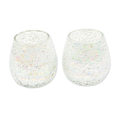 Divine Drops,'Pair of Textured Clear Handblown Stemless Wine Glasses'
