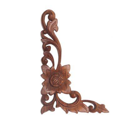 Climbing Flower,'Hand-Carved Floral Suar Wood Relief Panel from Bali'