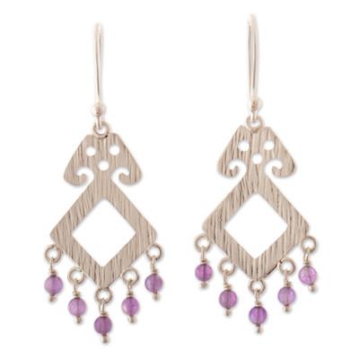 Moche Spirit,'Polished Geometric Natural Amethyst Chandelier Earrings'