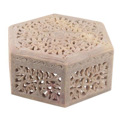 Jali Forest,'Handcrafted Leaf Motif Soapstone Jewelry Box from India'