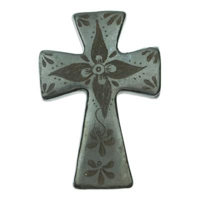 Little Flower of Luck,'Handcrafted Mexican Barro Negro Ceramic Wall Cross'