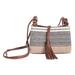 'Handcrafted Leather-Accented Sepia and Blue Cotton Sling Bag'