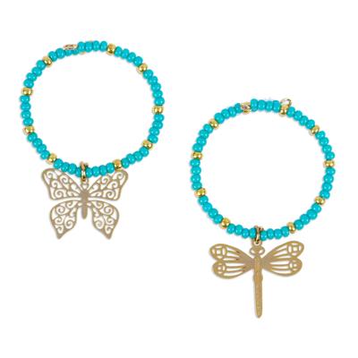 Turquoise Flutter,'Set of 2 Handmade Beaded Drink Markers with Golden Pendants'
