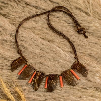 Organic Splendor,'Coconut Shell & Ceramic Waterfall Necklace with Cotton Cord'