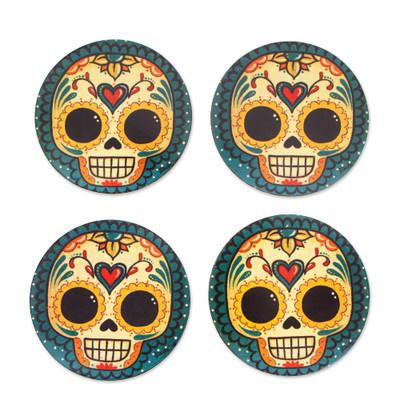 La Catrina,'4 Decoupage Pinewood Coasters with Day...