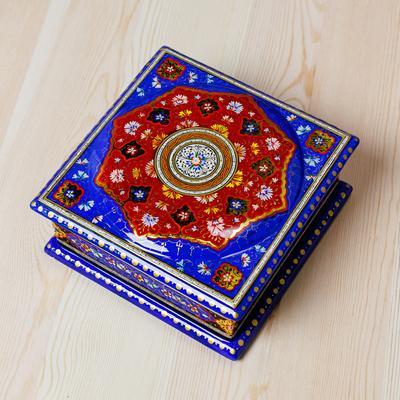 Floral Eden in Blue,'Floral Blue Walnut Wood and Papier Mache Jewelry Box'