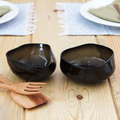 Dark Flavors,'Pair of Black Handblown Glass Dessert Bowls from Mexico'