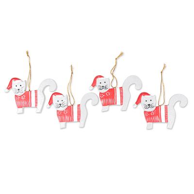 Santa Felines,'Set of 4 Handcrafted Red and White ...