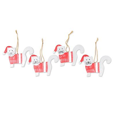 Santa Felines,'Set of 4 Handcrafted Red and White Cat Holiday Ornaments'