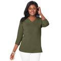 Plus Size Women's Stretch Cotton V-Neck Tee by Jessica London in Dark Olive Green (Size 14/16) 3/4 Sleeve T-Shirt