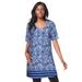 Plus Size Women's Stretch Mega Knit Tunic by Jessica London in Navy Paisley Border (Size 30/32) Long Shirt