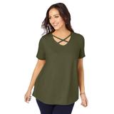 Plus Size Women's Stretch Cotton Crisscross Strap Tee by Jessica London in Dark Olive Green (Size M)