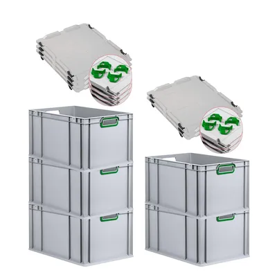 PROREGAL SparSet 5x Eurobox NextGen Color mit Auflagedeckel & Verschlüsse, HxBxT 32x40x60cm, 65L, Grau, Griffe grün offen, Eurobehälter, Box Image