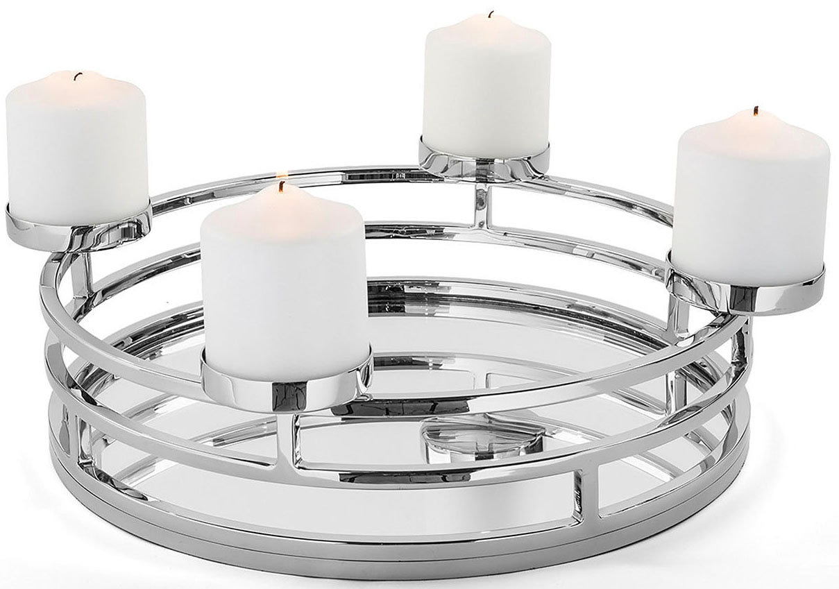 Adventsleuchter FINK "MODENA, für 4 Stumpenkerzen Ø 8 cm, Deko-Tablett für Weihnachten", silber (silberfarben), H:12cm Ø:38cm, Edelstahl, Kerzenhalter, Adventskranz, Ø 38 cm, Kerzenhalter aus Edelstahl, Weihnachtsdeko Image