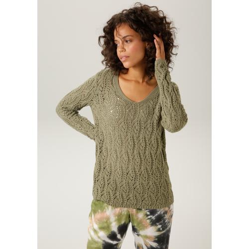 Strickpullover ANISTON CASUAL Gr. 34, grün (khaki) Damen Pullover mit trendigem Ajour-Muster