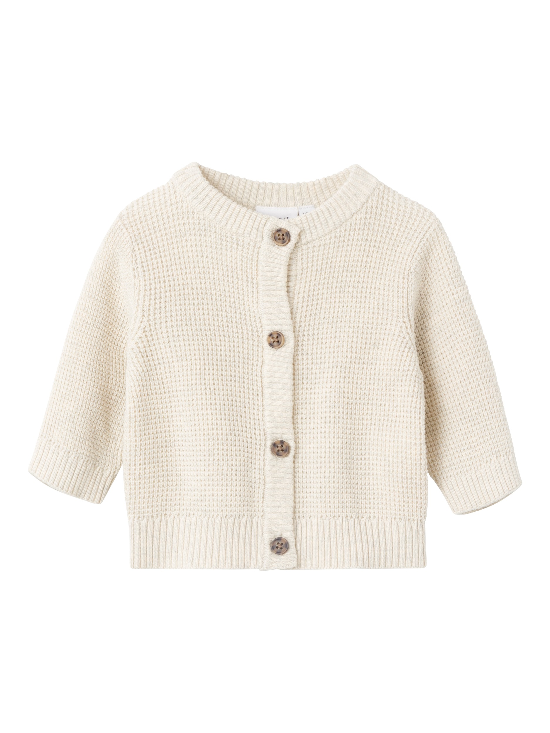 Strickjacke NAME IT "NBNBUBBA LS KNIT CARD NOOS", Baby, Gr. 74, beige (peyote melange), Strick, Obermaterial: 100% Baumwolle, unifarben, Casual, regular fit normal, Rundhals, Rippbündchen, Strickjacken, in dezent strukturierter Qualität Image