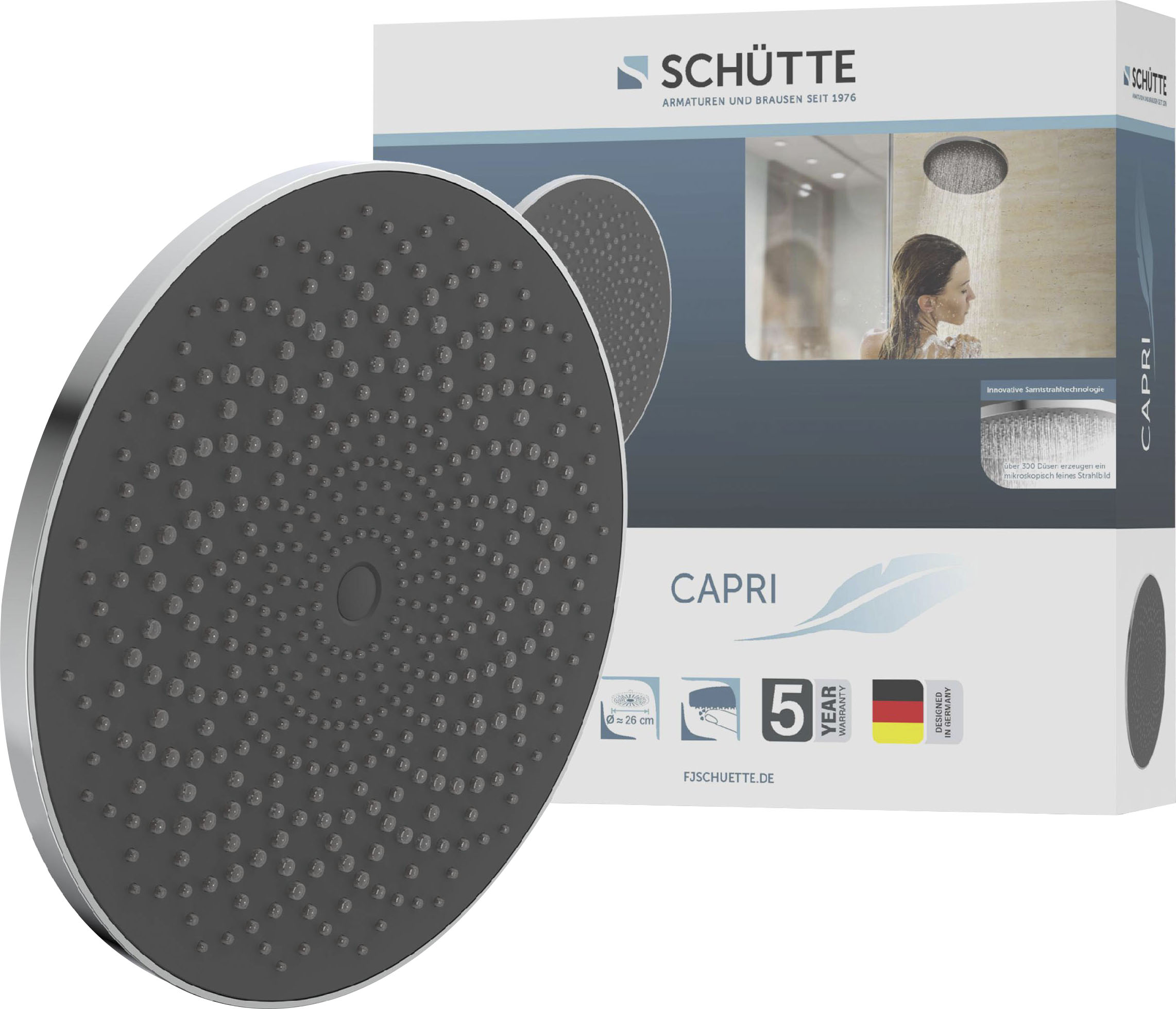 Kopfbrause SCHÜTTE "CAPRI", schwarz (chrom, anthrazit), B:26cm H:7cm T:26cm, Duschköpfe, Regendusche, Antikalk, Duschkopf