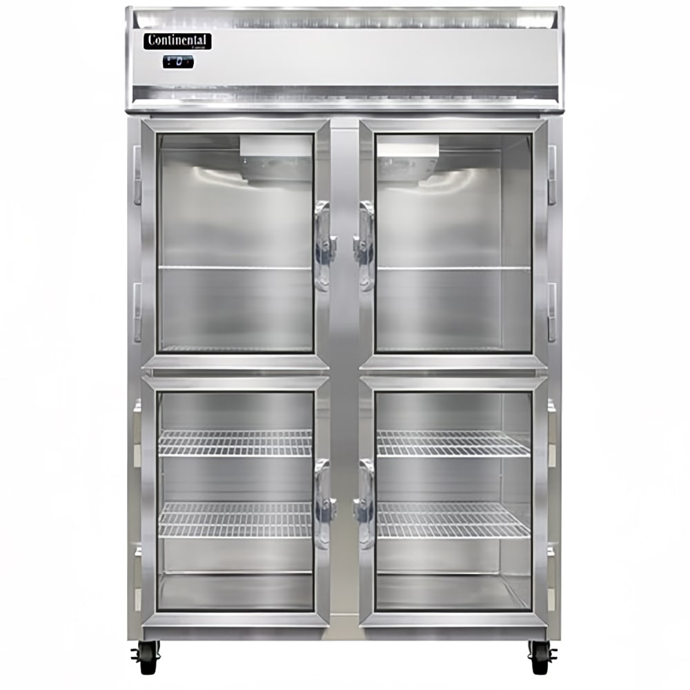 Continental 2FNSAGDHD 52" 2 Section Reach In Freezer, 4 Left/Right Hinge Glass Doors, 115/208-230v, Stainless Steel & Aluminum