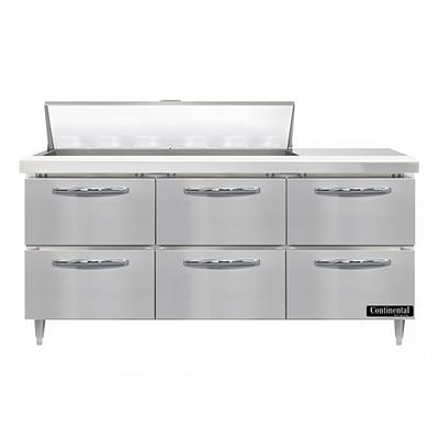 Continental D72N12-D 72" Designer Line Sandwich/Salad Prep Table w/ Refrigerated Base, 115v, Stainless Steel, 6 Roll Out Drawers