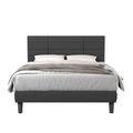 Ebern Designs Full Size Bed Frame w/ Headboard In Dark Wood & /Upholstered/Linen in Gray | 46 H x 55 W x 77 D in | Wayfair