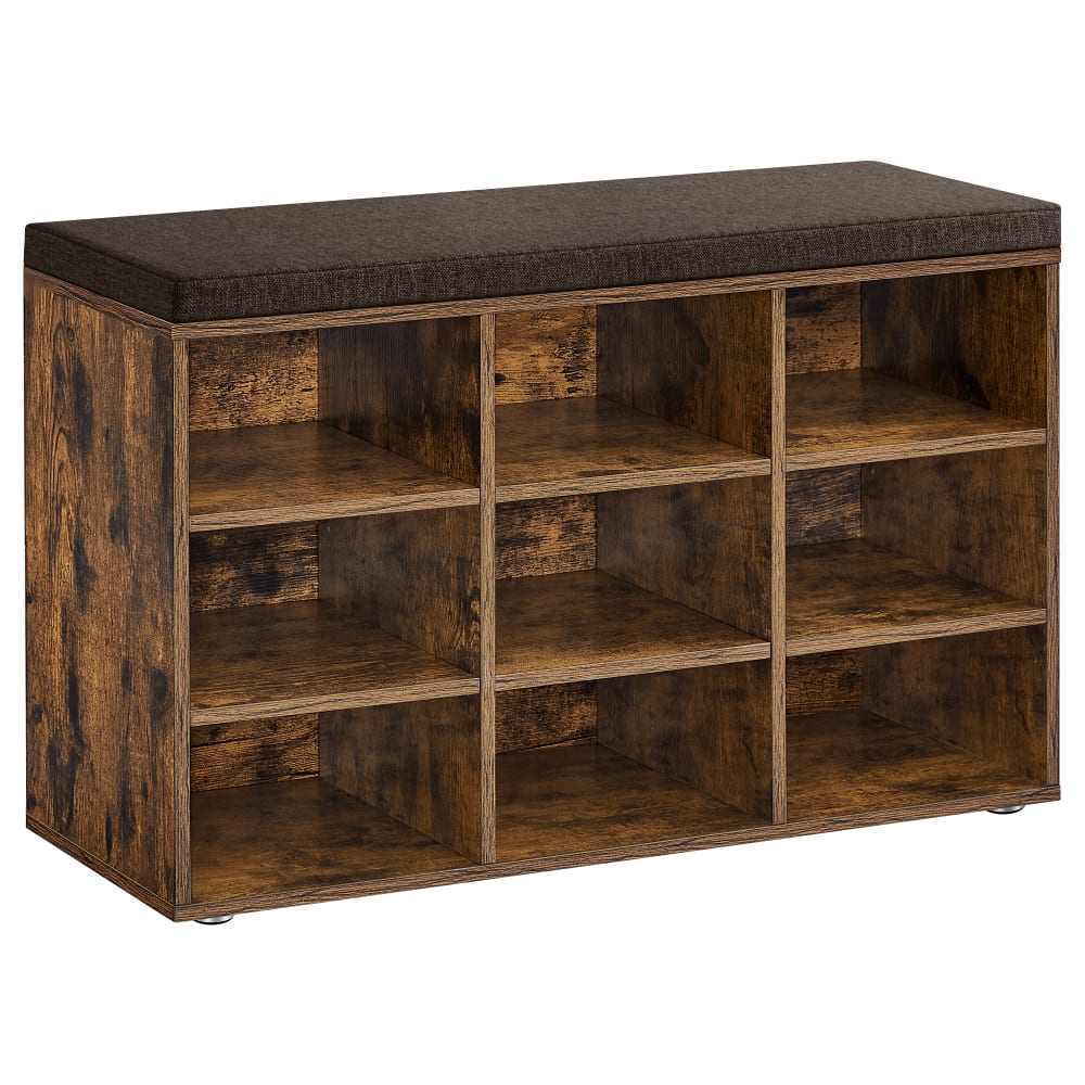 Banc à chaussures avec coussin et 9 compartiments marron rustique