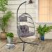 Indoor Outdoor Egg Swing Chair with Stand, Patio Grey Wicker Rattan Hanging Chair with Rope Back, Cushion