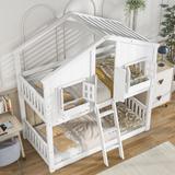 Twin over Twin White Bunk Bed w/ Roof , Window, Door & Safety Guardrails, Ladder Upholstered Bed Frame for Kids, Girls, Boys